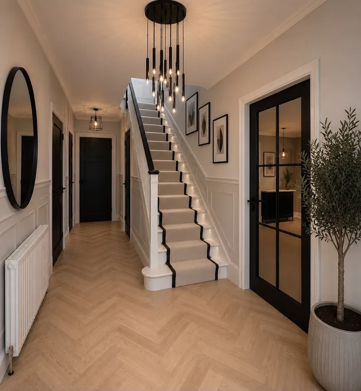 Entry hall with herringbone flooring, a staircase, wall panelling and a pendant light cluster