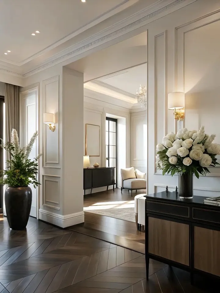 Entry with decorative wall panelling, wall lights and dark herringbone flooring