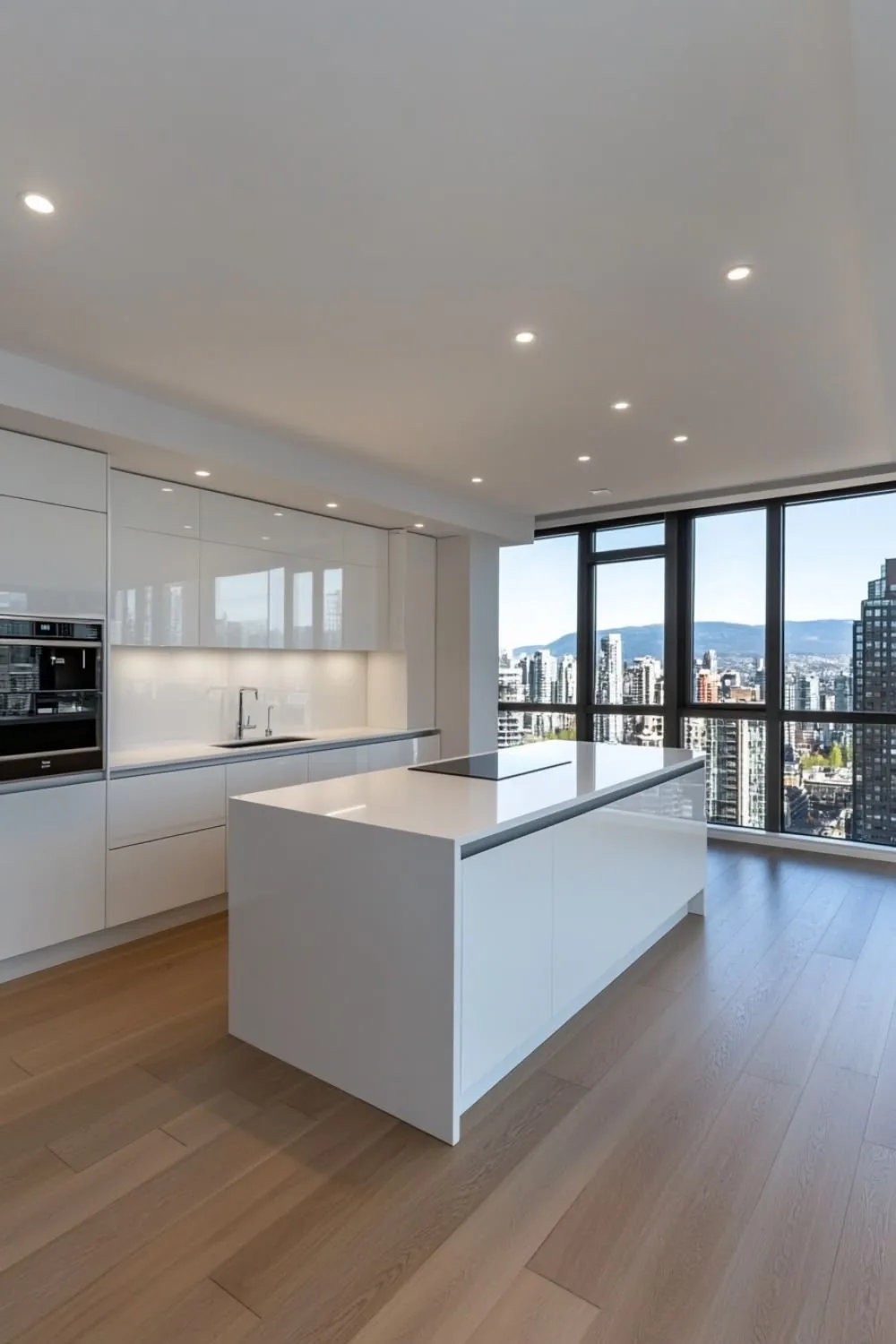 Modern white kitchen with floor-to-ceiling windows