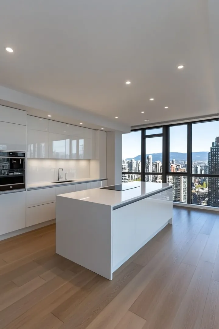 Modern white kitchen with an island and floor-to-ceiling windows overlooking the city