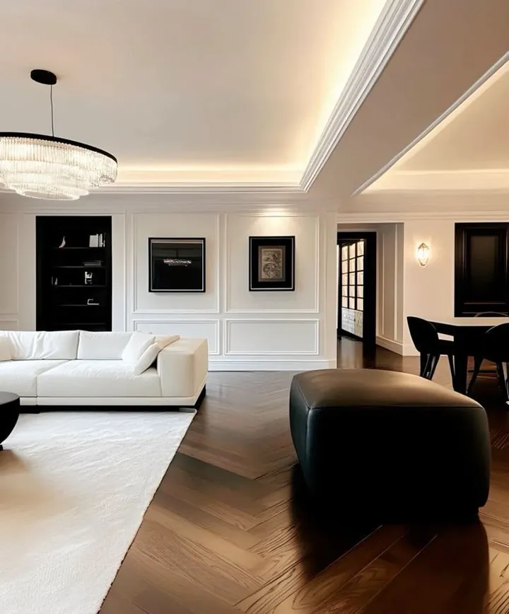 Living room with cove ceiling lighting, wall panelling and a white sofa