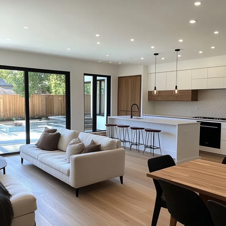Open-plan living room and kitchen with a white sofa, island seating and large glass doors