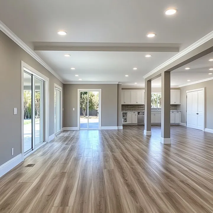 Open room with painted walls, crown moulding, square columns and wide-plank flooring